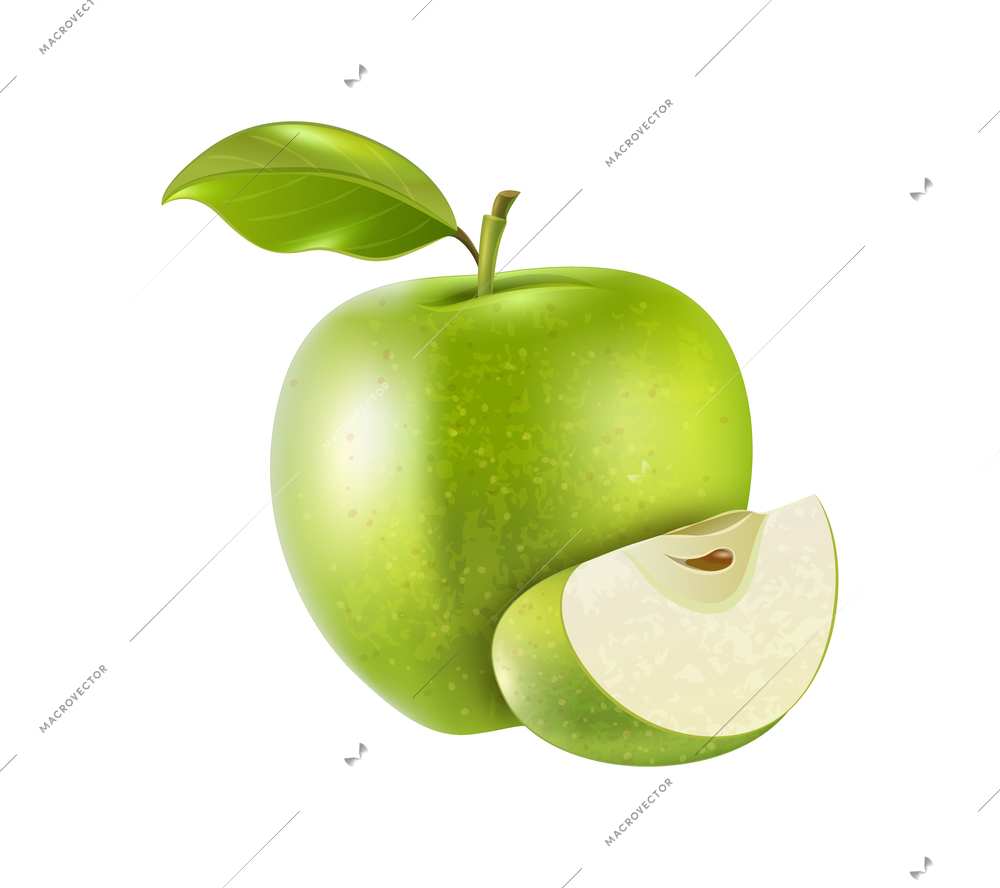 Realistic fresh whole and cut green apple with leaf vector illustration