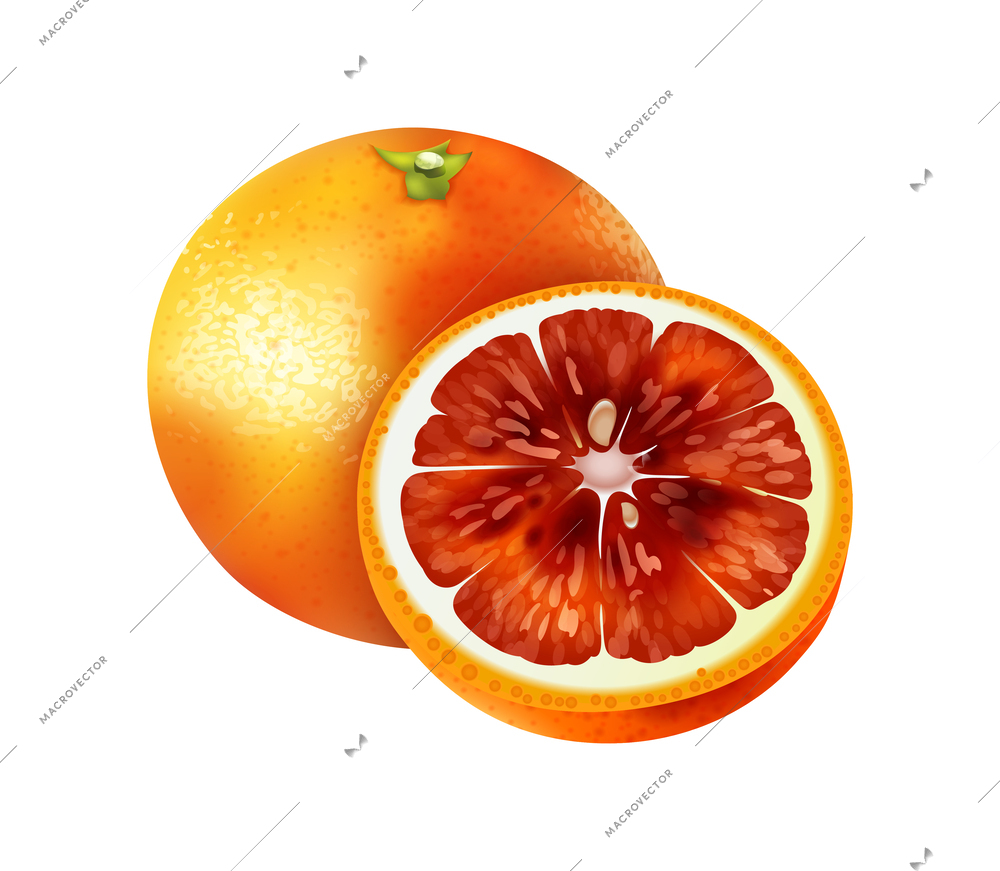 Realistic whole and cut red orange on white background vector illustration