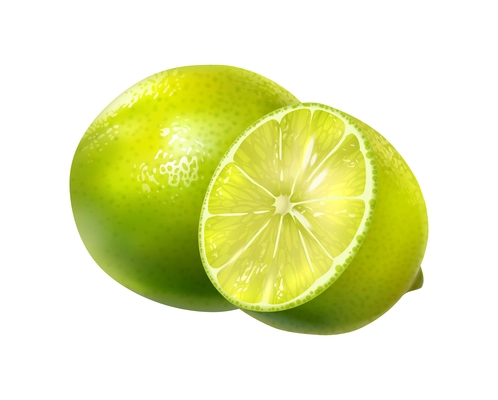 Realistic fresh whole and cut lime on white background vector illustration