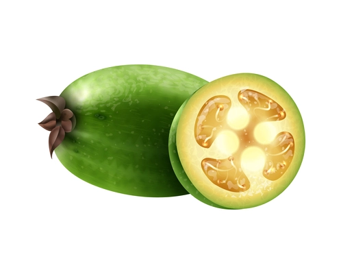 Realistic whole and sliced feijoa on white background vector illustration