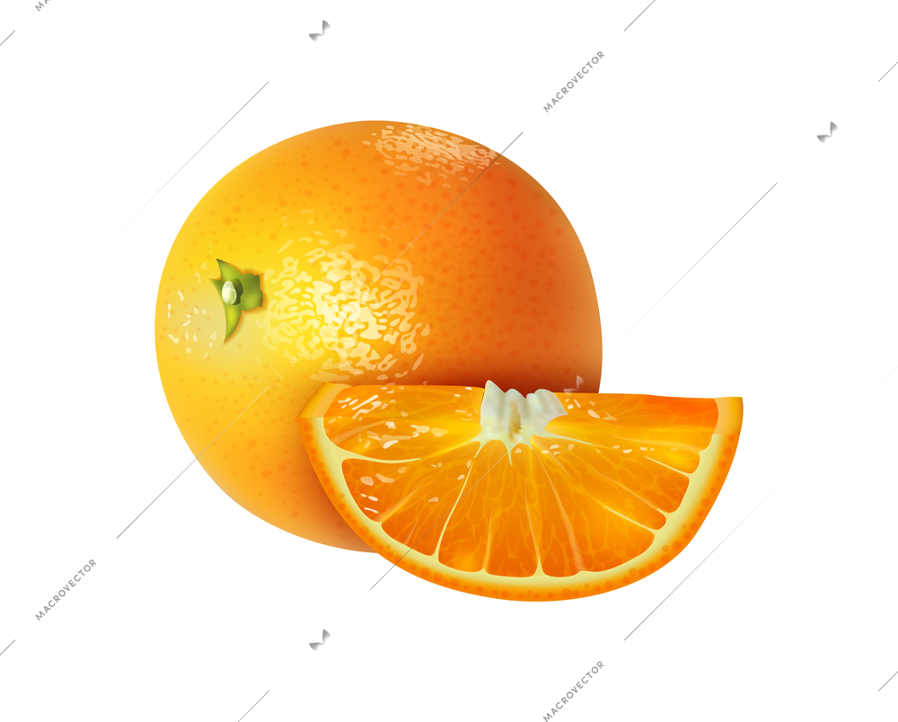 Realistic fresh whole unpeeled orange with slice vector illustration