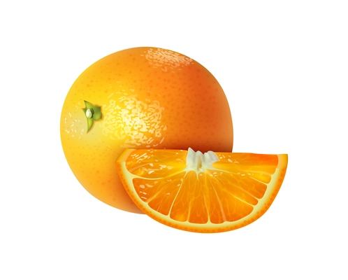 Realistic fresh whole unpeeled orange with slice vector illustration