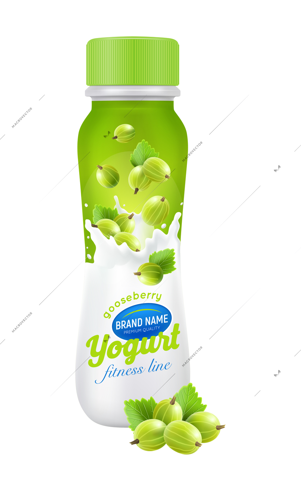 Colored realistic drinkable gooseberry yogurt packaging design template vector illustration