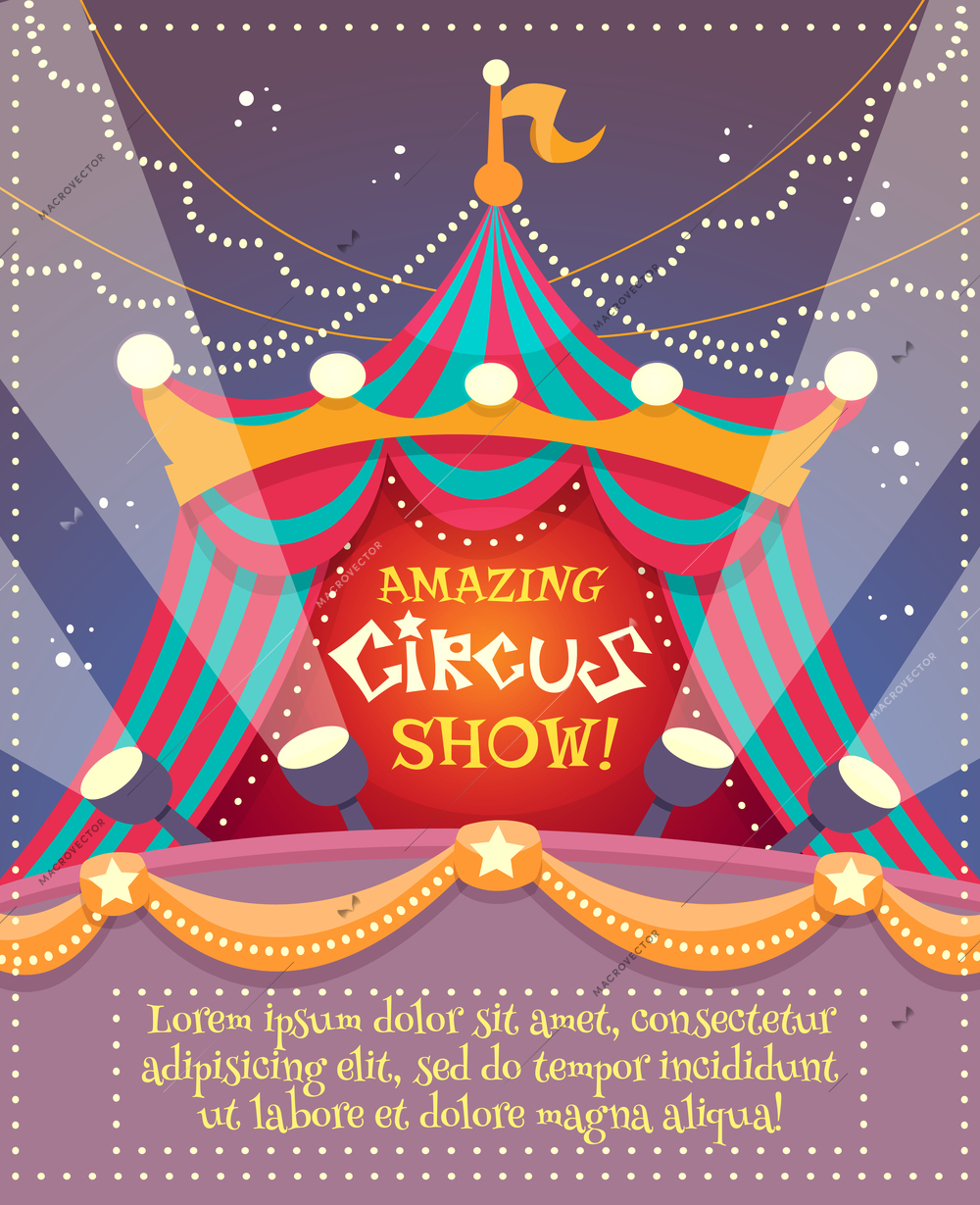 Circus vintage poster with tent and amazing circus show text vector illustration