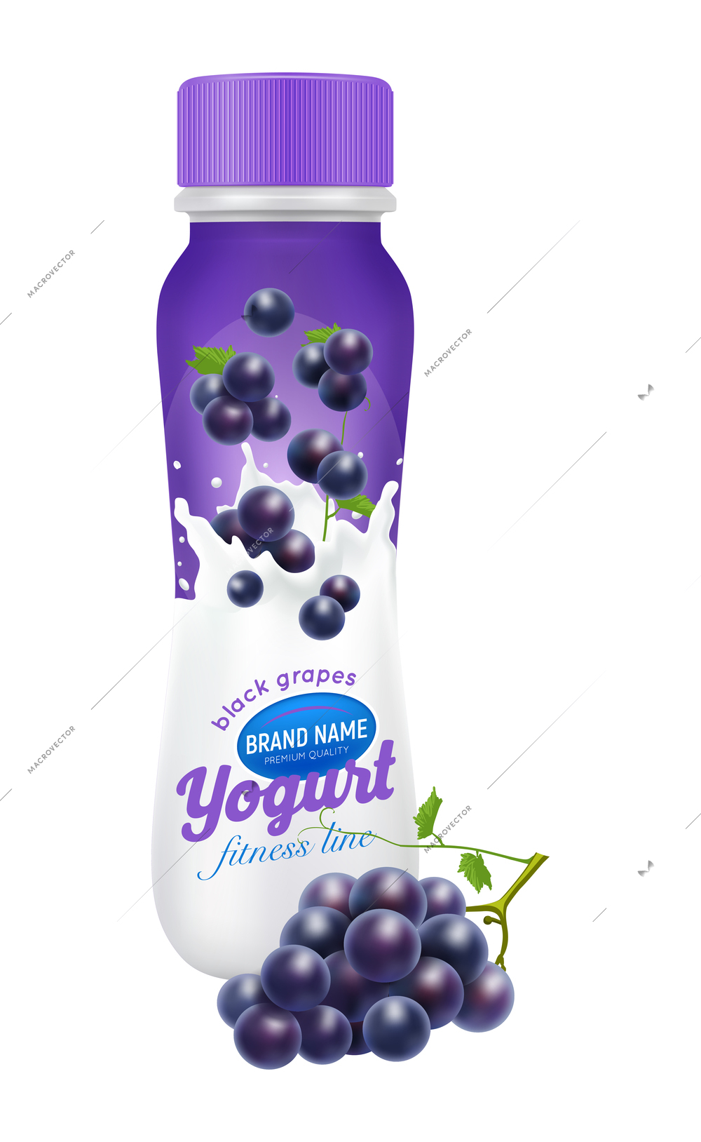 Drinkable yogurt with black grapes realistic bottle design template vector illustration