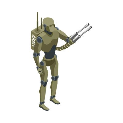 Military robot isometric icon with humanoid equipped with weapons 3d vector illustration