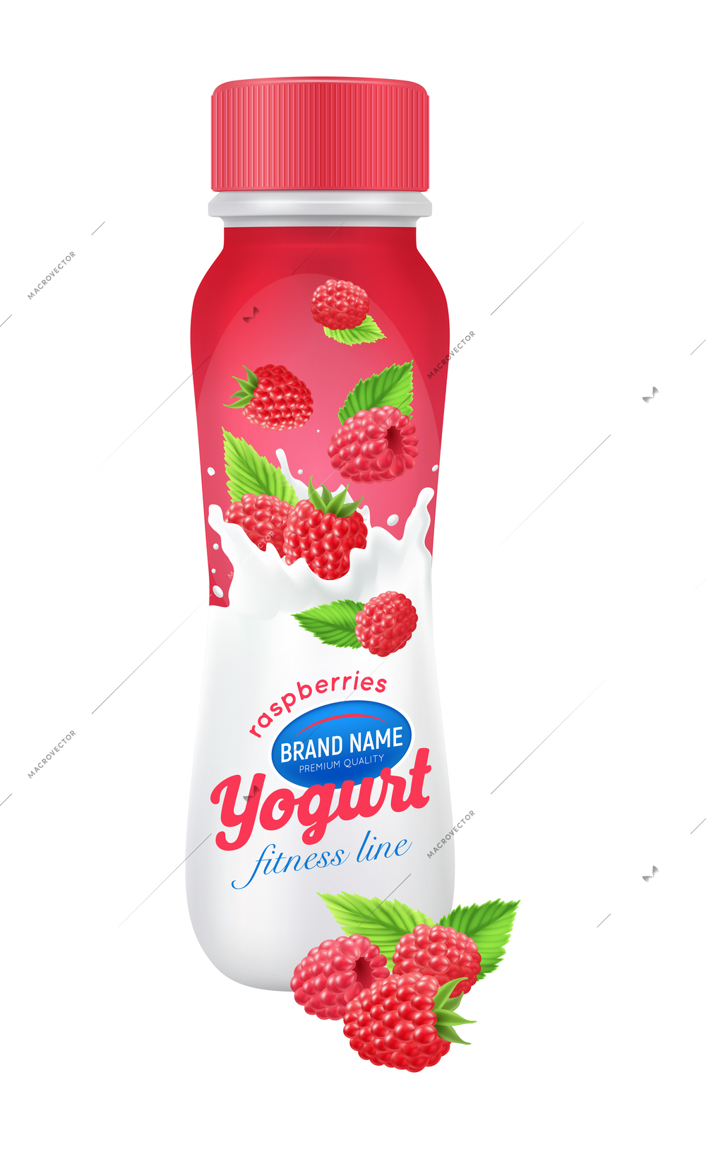 Realistic drinkable raspberry yogurt bottle packaging design template vector illustration