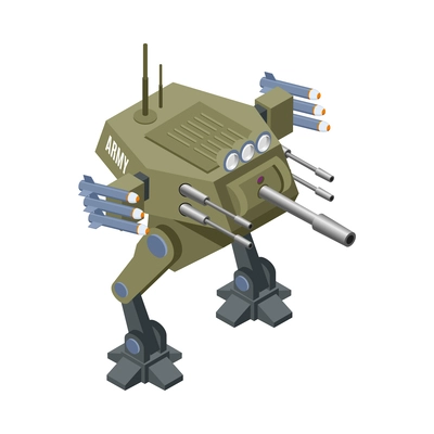 Military robot isometric icon with remoted controlled shooter 3d vector illustration