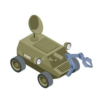 Military robot with robotic arm isometric icon 3d vector illustration