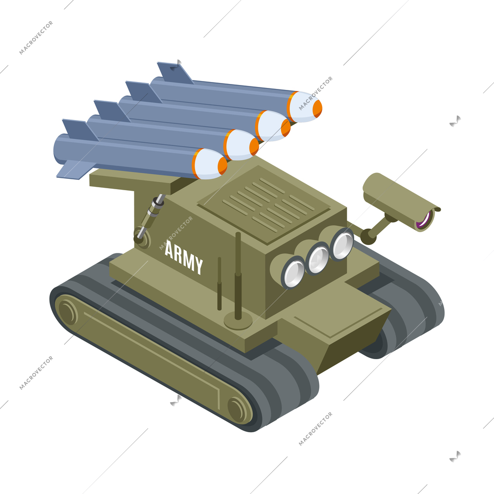 Military robot isometric icon with remote controlled vehicle equipped with camera and rockets vector illustration