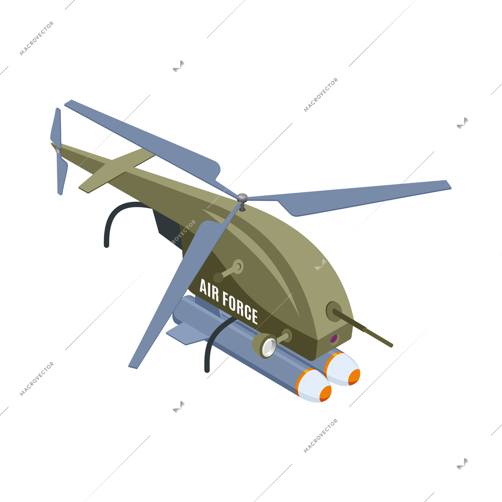 Military robot isometric icon with remote controlled helicopter with rockets 3d vector illustration