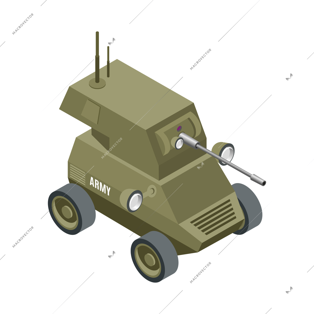 Wheeled military army robot with gun isometric icon vector illustration