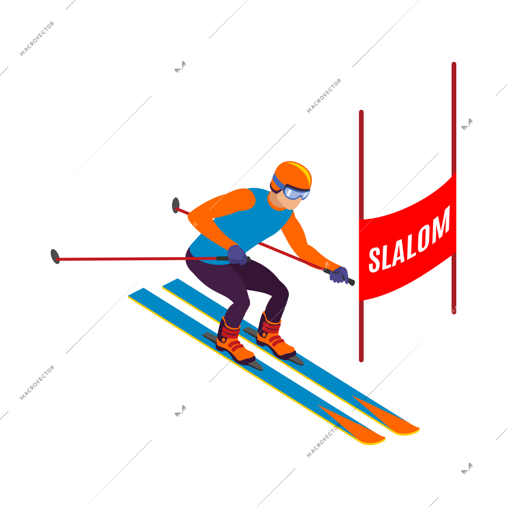 Slalom athlete on skis 3d isometric vector illustration