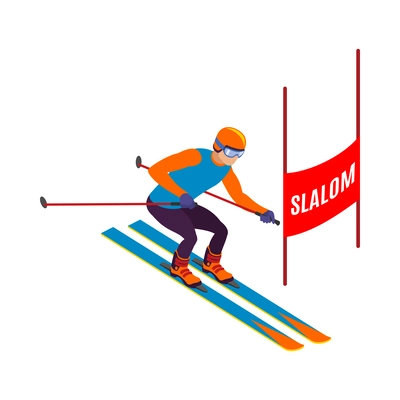 Slalom athlete on skis 3d isometric vector illustration