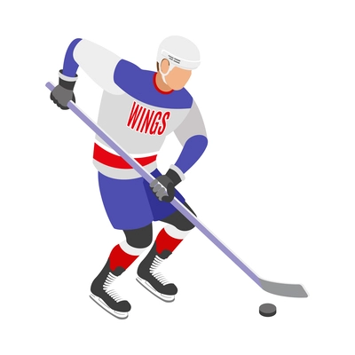 Isometric hockey player with stick and puck 3d vector illustration