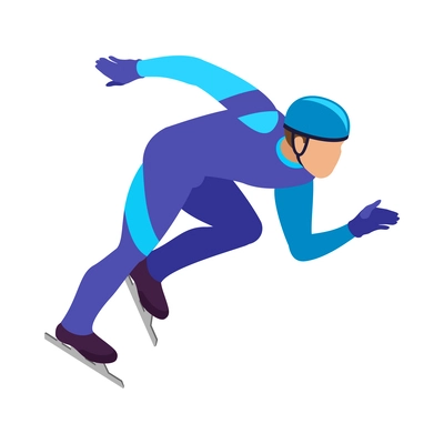 Speed ice skating isometric icon with athlete overcoming distance on skates 3d vector illustration