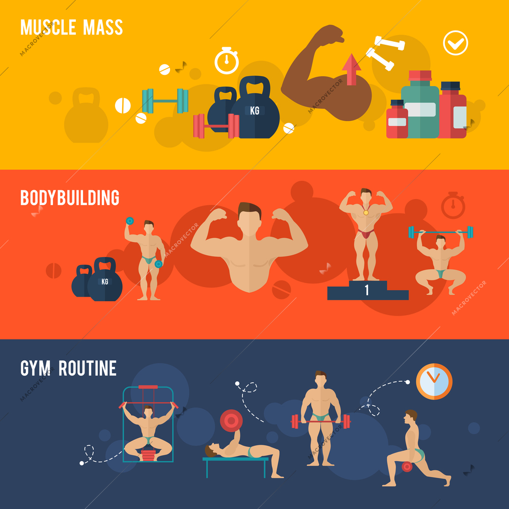 Bodybuilding horizontal banner set with muscle mass gym routine elements isolated vector illustration