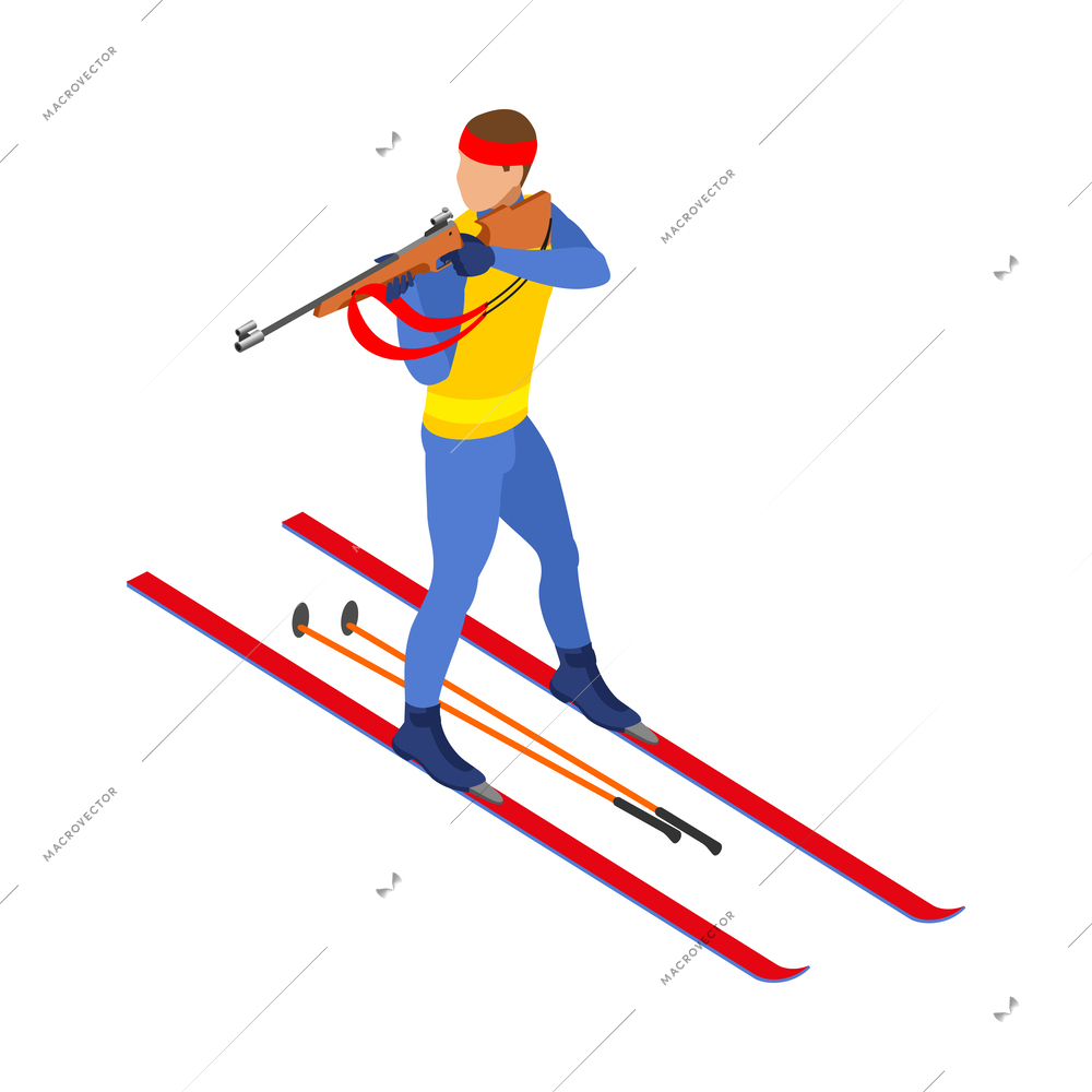 Winter sports isometric icon with man doing biathlon 3d vector illustration