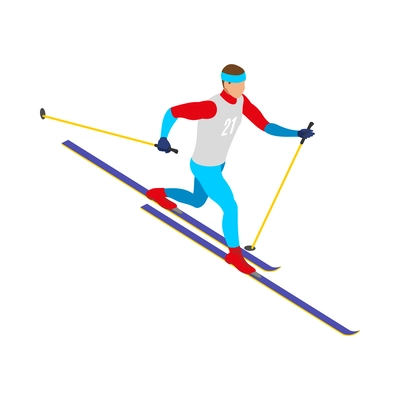 Isometric male skier during competition 3d vector illustration