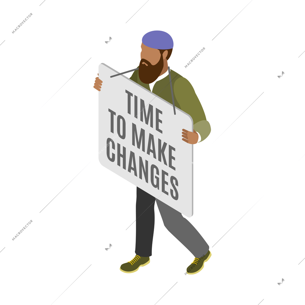 Bearded activist with poster 3d isometric vector illustration