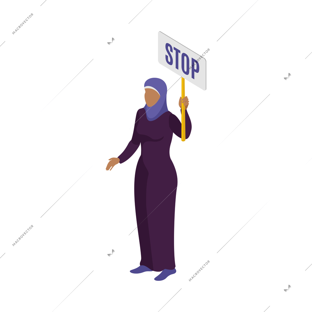 Female muslim activist holding placard stop isometric vector illustration