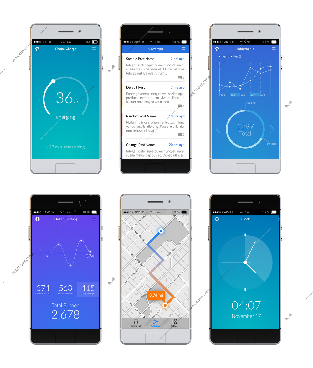 Realistic 3d smartphones set with ui apps on screen isolated vector illustration