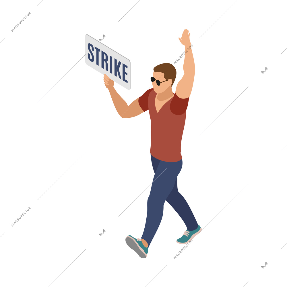 Male activist going on strike with placard 3d isometric vector illustration