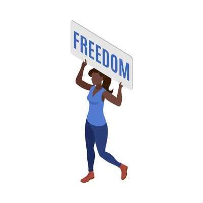 Isometric female activist with poster freedom 3d vector illustration