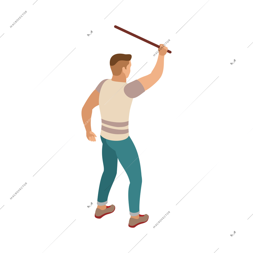 Isometric male activist aggressive protester with stick back view 3d vector illustration