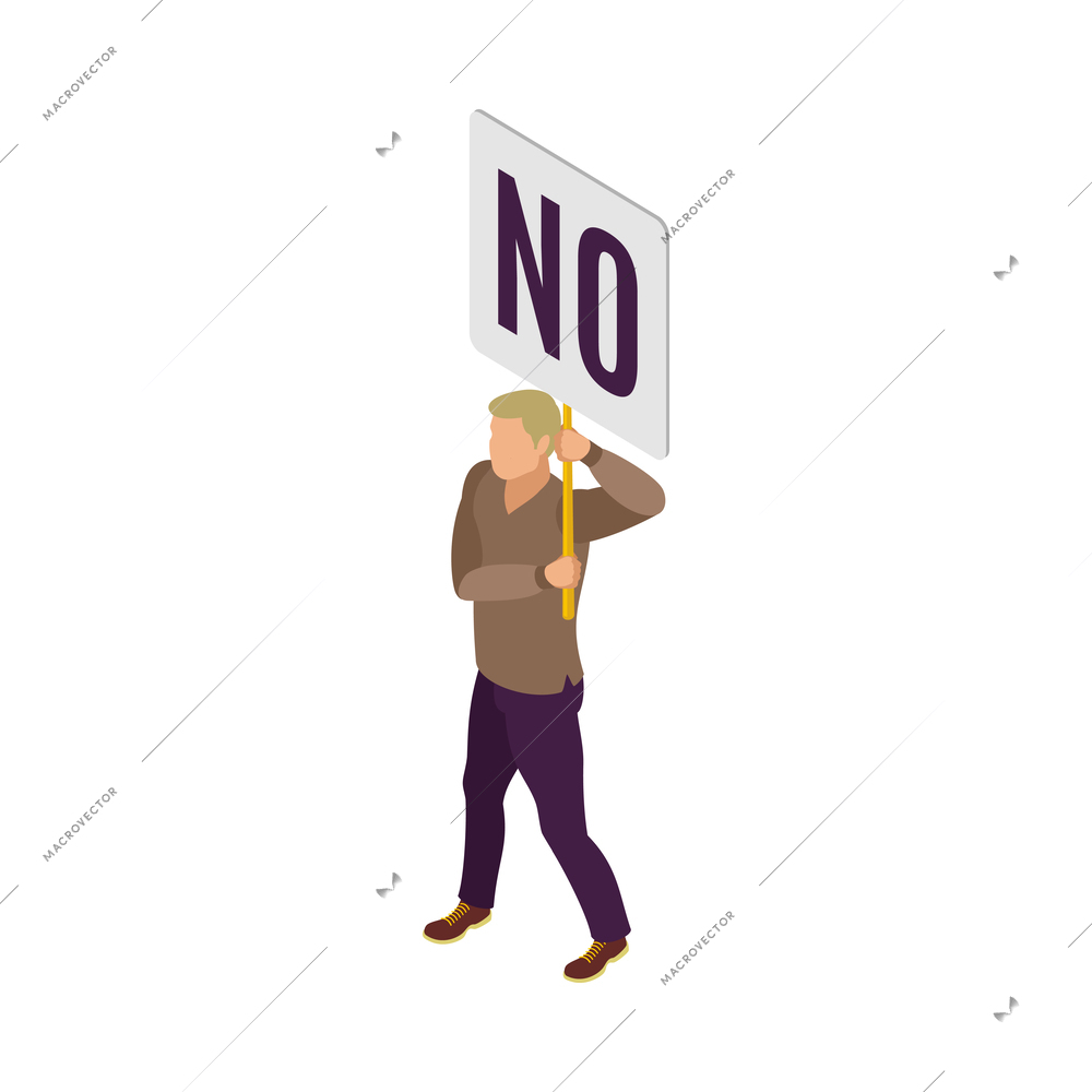 Male activist with protest placard going on strike 3d isometric vector illustration