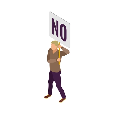 Male activist with protest placard going on strike 3d isometric vector illustration