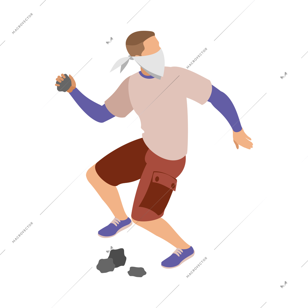 Aggressive male activist throwing stones 3d isometric vector illustration