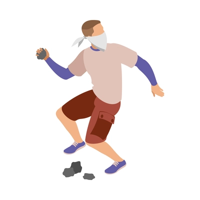 Aggressive male activist throwing stones 3d isometric vector illustration