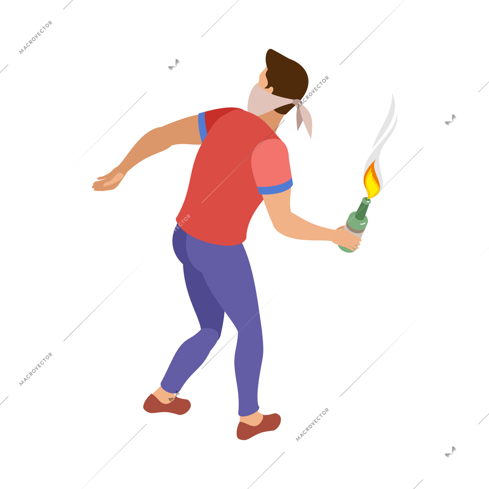 Isometric male activist angry protester throwing molotov cocktail 3d vector illustration