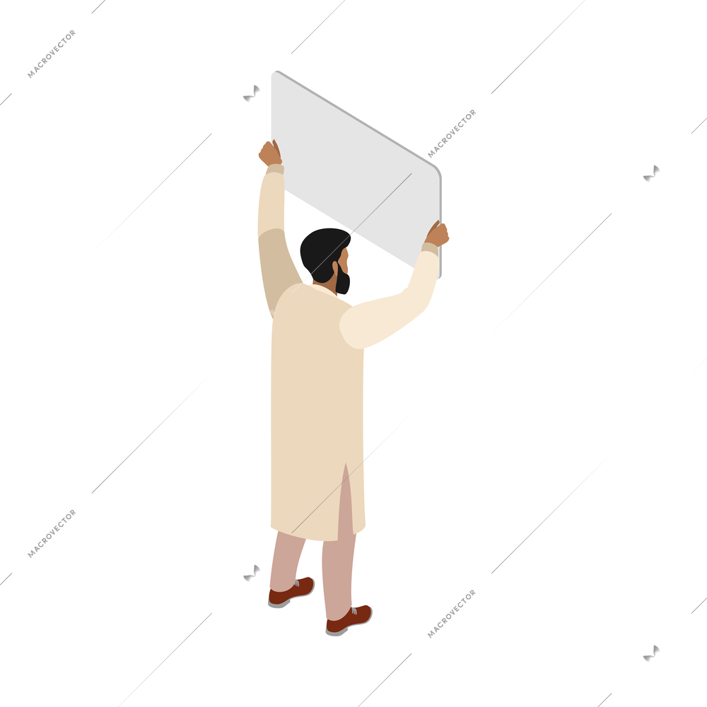Male muslim activist holding poster 3d isometric vector illustration
