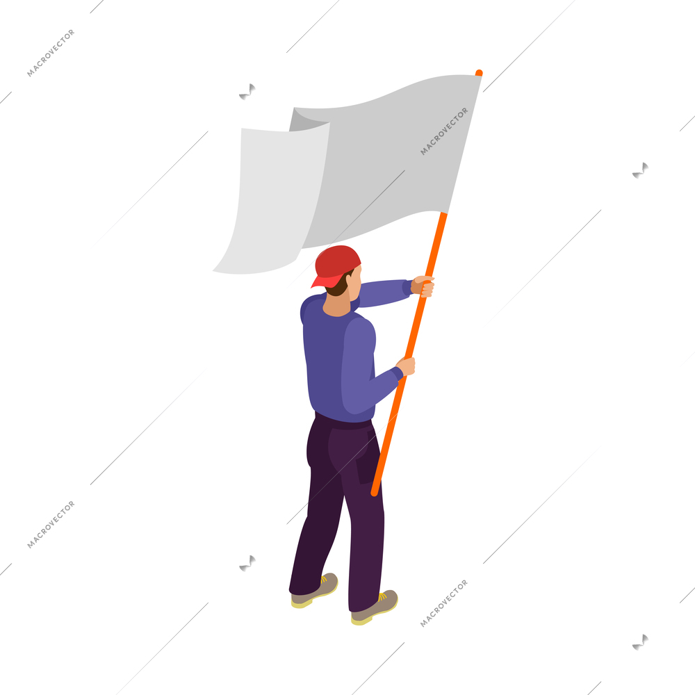 Male activist with flag back view 3d isometric vector illustration