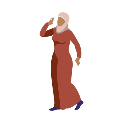 Isometric faceless character of shouting female muslim activist 3d vector illustration