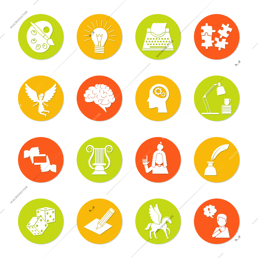 Muse and art inspiration icon flat set with color palette lightbulb typing machine isolated vector illustration