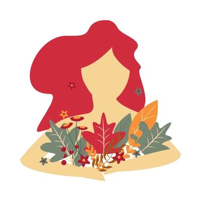 Long haired faceless girl portrait with flowers and leaves flat vector illustration