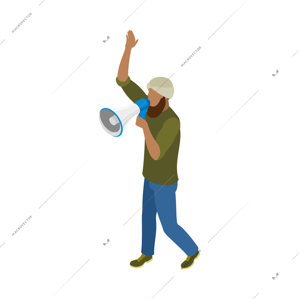 Isometric male activist going on strike with megaphone 3d vector illustration