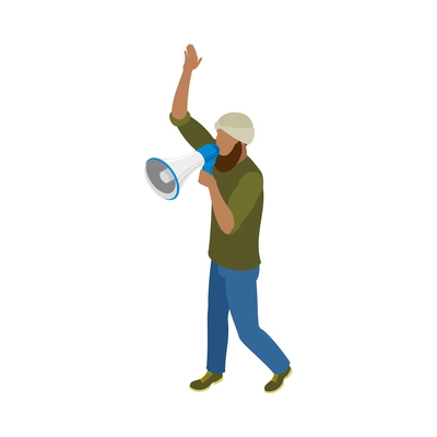 Isometric male activist going on strike with megaphone 3d vector illustration