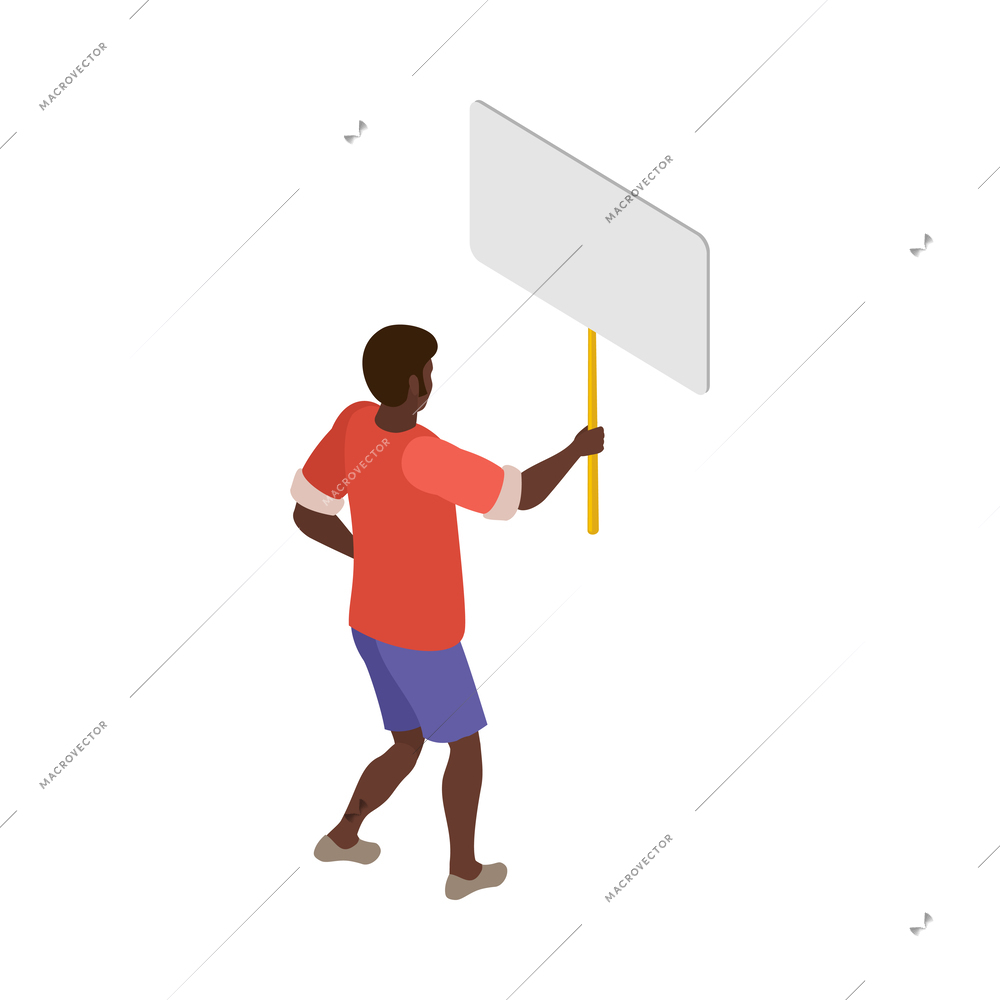 Isometric male activist with placard back view 3d vector illustration