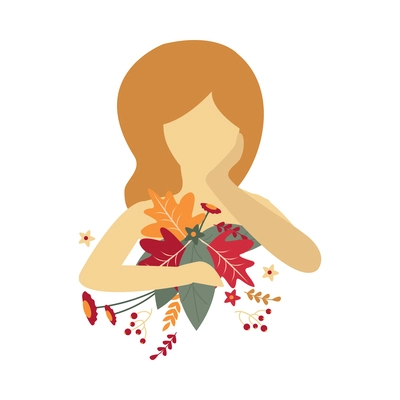 Flat girl portrait with bunch of leaves and flowers vector illustration