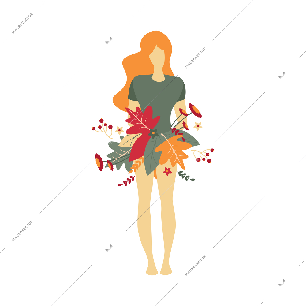 Flat faceless girl with autumn leaves and flowers vector illustration