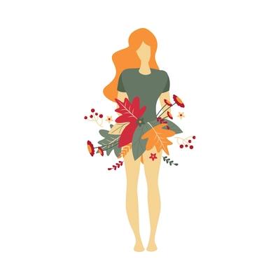 Flat faceless girl with autumn leaves and flowers vector illustration