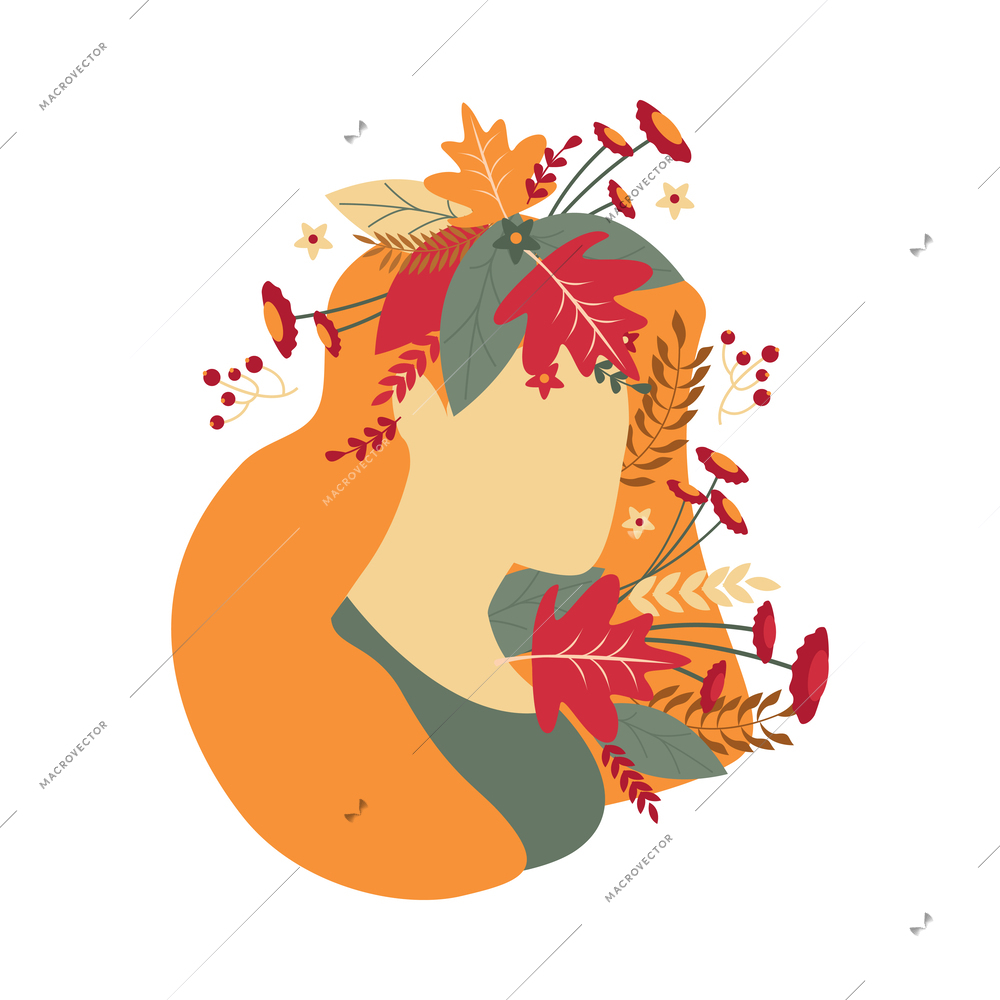 Faceless girl portrait with autumn leaves and flowers in long hair flat vector illustration