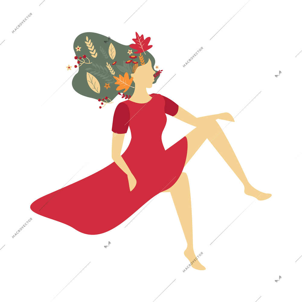 Flat girl wearing red dress with leaves and flowers in hair vector illustration