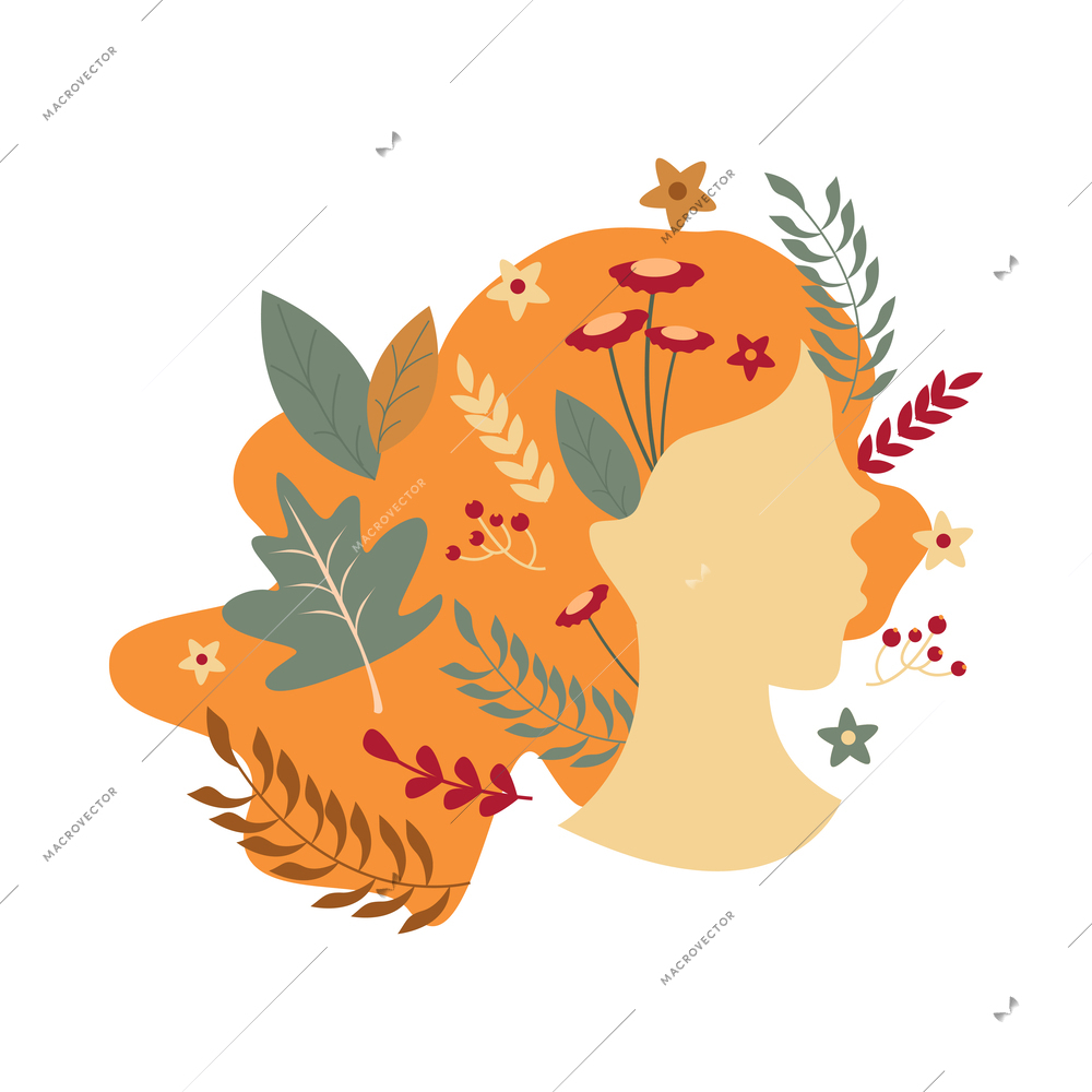 Flat portrait of girl with long hair decorated with flowers and leaves vector illustration