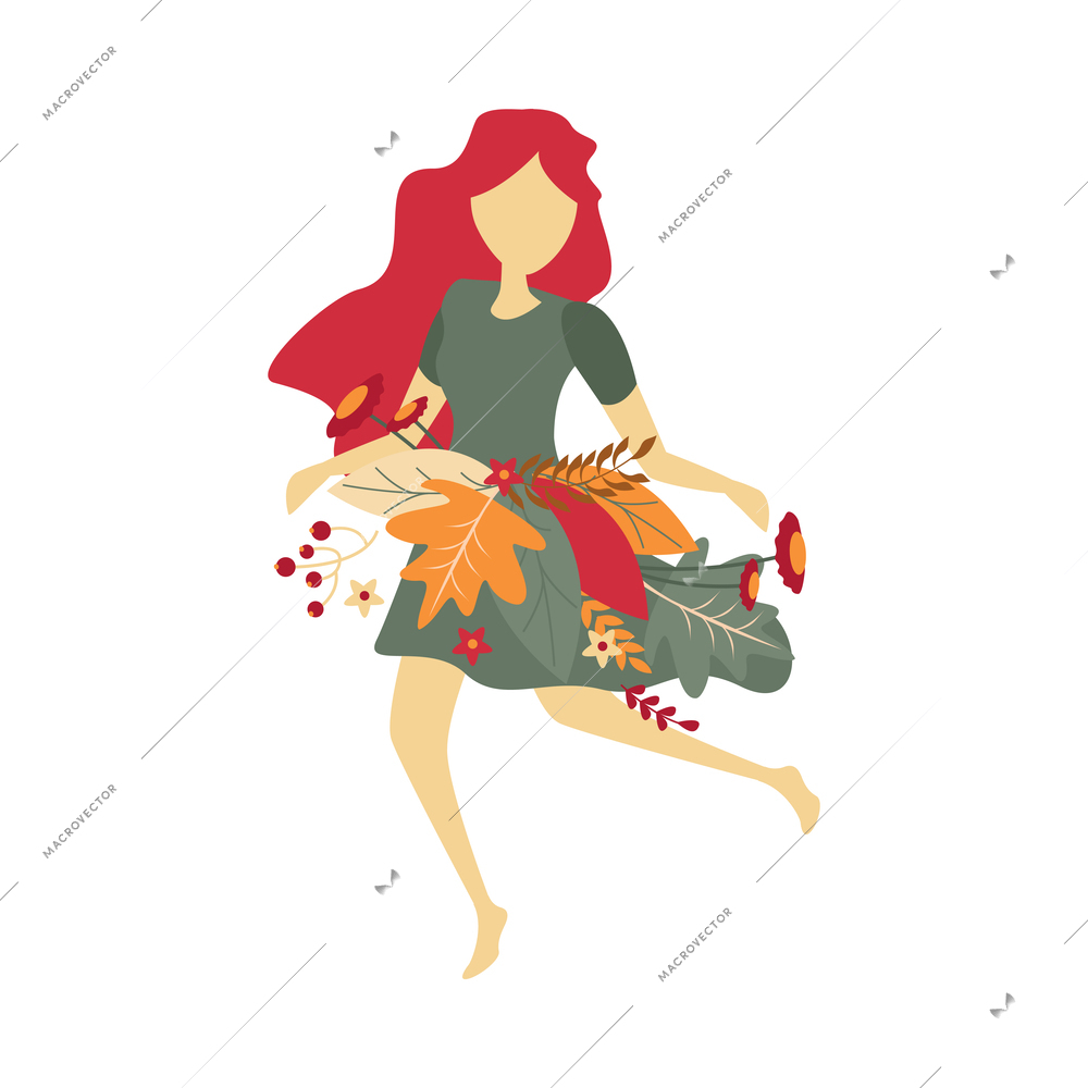 Flat girl with colorful autumn leaves and flowers on skirt vector illustration