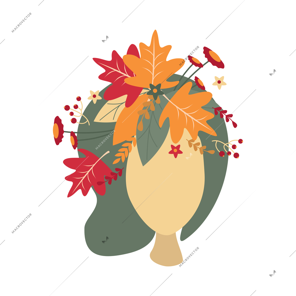 Flat faceless portrait of girl with leaves and flowers in hair vector illustration